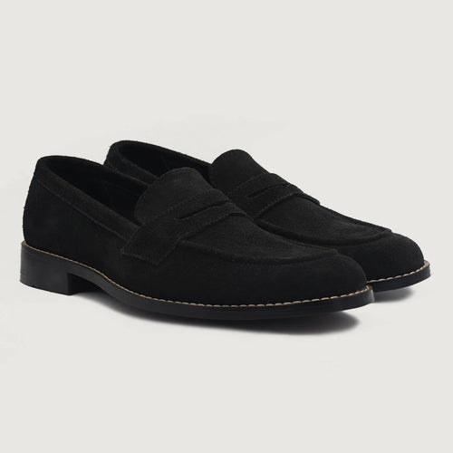Baxton Black Suede Leather Loafers For Men in Black Goatskin Suede - Lateral Side Profile View | Buy Online