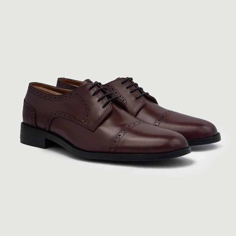 Dirk Brogues Derby Maroon Leather Shoes For Men in Maroon Full-Grain Leather - Lateral Side Profile View | Buy Online