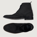 Close-Up Detail of Classic Collar & Heavy-Duty Zipper Hardware on Duster Brogues Derby Black Nubuck Leather Boots For Men