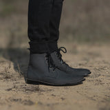 Styled Fit Perspective of Duster Brogues Derby Black Nubuck Leather Boots For Men on Model - Natural Daylight Drape