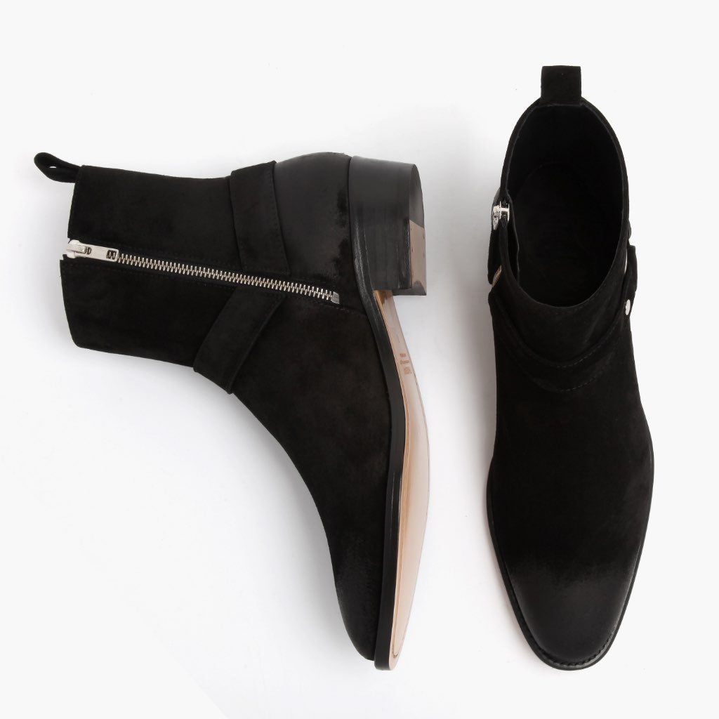 Harness Nero Suede Stivali in pelle da Uomo - Contrafforte tallone rinforzato & doppie cuciture di precisione
