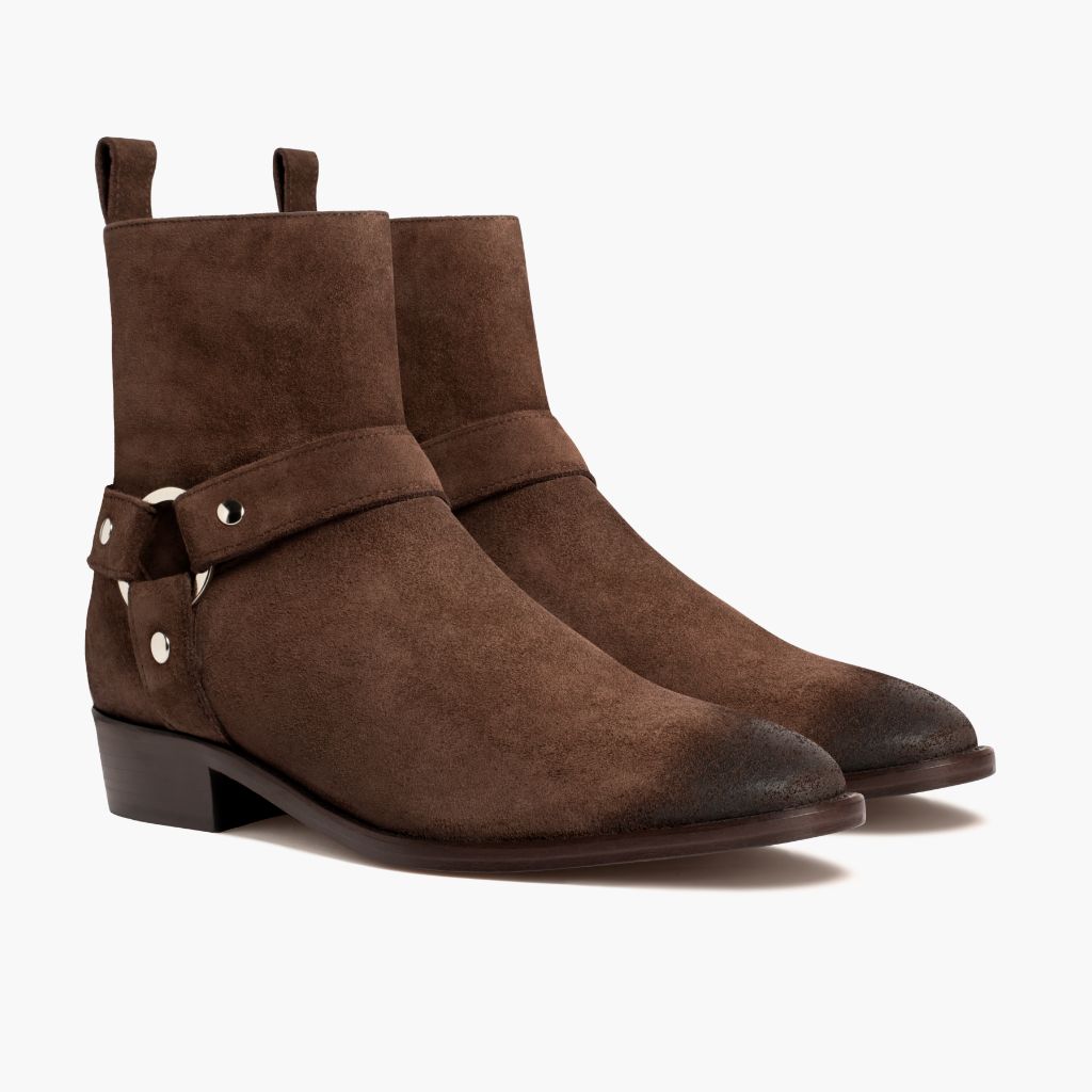 Harness Marrone Scuro Suede Stivali in pelle da Uomo in Dark Brown Goatskin Suede - Vista laterale | Acquista online