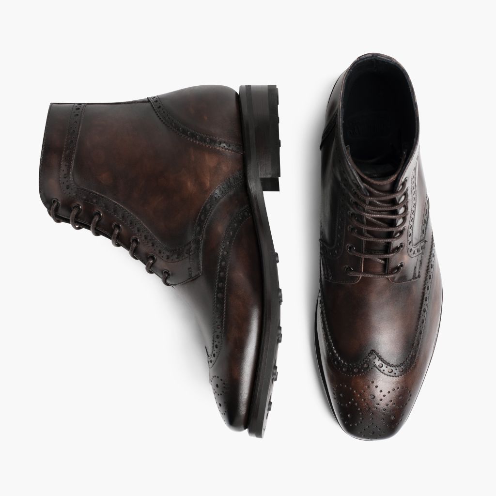 Wingtip Dark Oak Leather Boots For Men - Reinforced Heel Counter & Precision Double-Row Stitching Detail