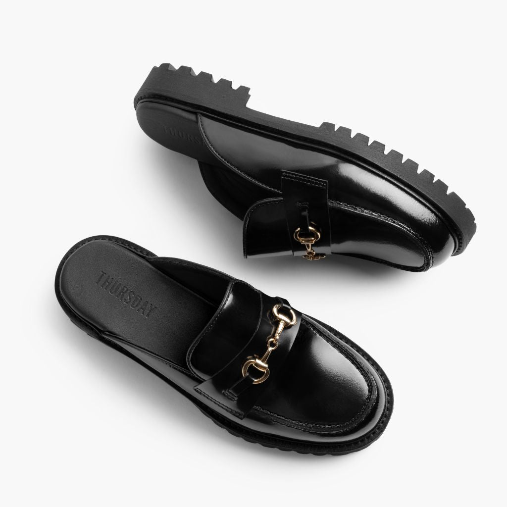 High-Traction Rubber Outsole & Lug Tread Pattern on Penny Mule Nero & Gold Mocassini in pelle da Donna