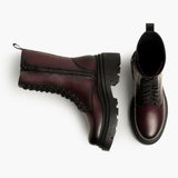 High-Traction Rubber Outsole & Lug Tread Pattern on Fatale Black Cherry Leather Boots