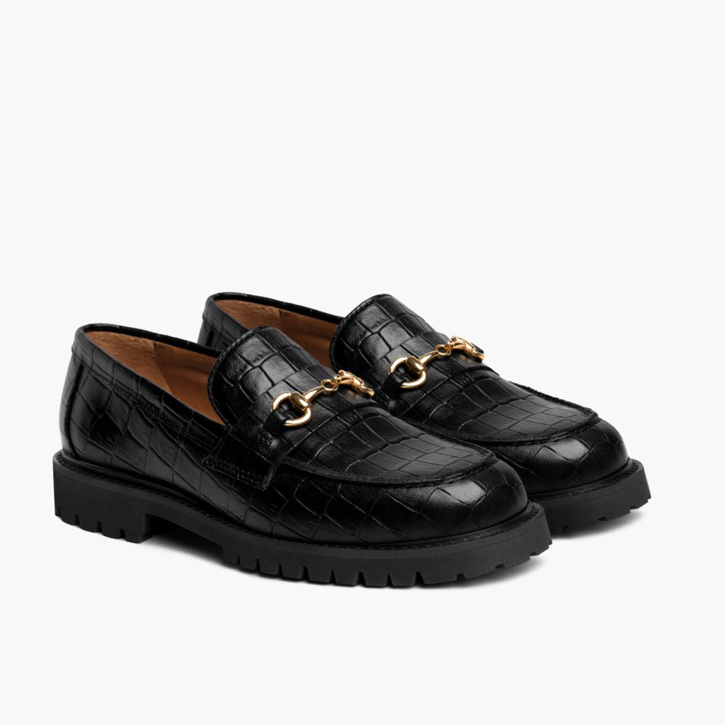 Penny Nero & Gold Croco Mocassini in pelle da Donna in vera pelle bovina nera - Vista laterale | Acquista online
