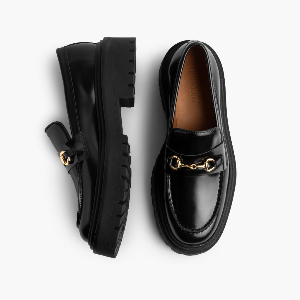 Penny Platform Nero & Gold Mocassini in pelle da Donna - Contrafforte tallone rinforzato & doppie cuciture di precisione