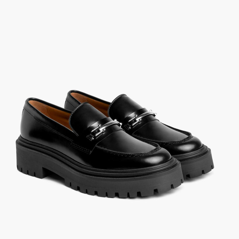 Penny Platform Nero & Silver Leather Loafers da Donna