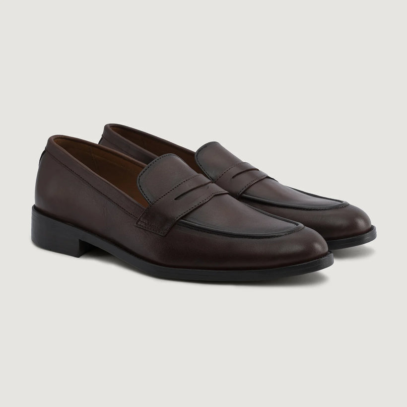 Baxton Burnished Brown Leather Loafers For Men in Burnished Brown Full-Grain Leather - Lateral Side Profile View | Buy Online