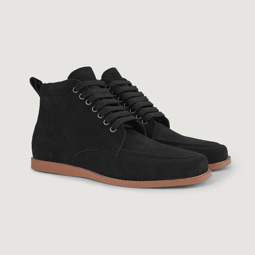 Bearman Moc Toe Black Suede Boots in Black Goatskin Suede - Lateral Side Profile View | Buy Online