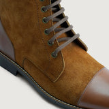 High-Traction Rubber Outsole & Lug Tread Pattern on Knight Derby Tan & Brown Leather Boots - StudGuard