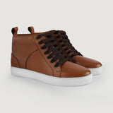 Marty High Top Tan Leather Sneakers in Tan Full-Grain Leather - Lateral Side Profile View | Buy Online