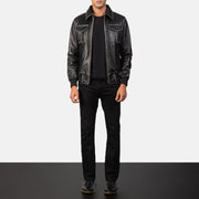 Men's Aaron Distressed Black Leather Bomber Jacket - Lateral Side Profile View Showing Sleeve Cut &amp; Athletic Taper Fit