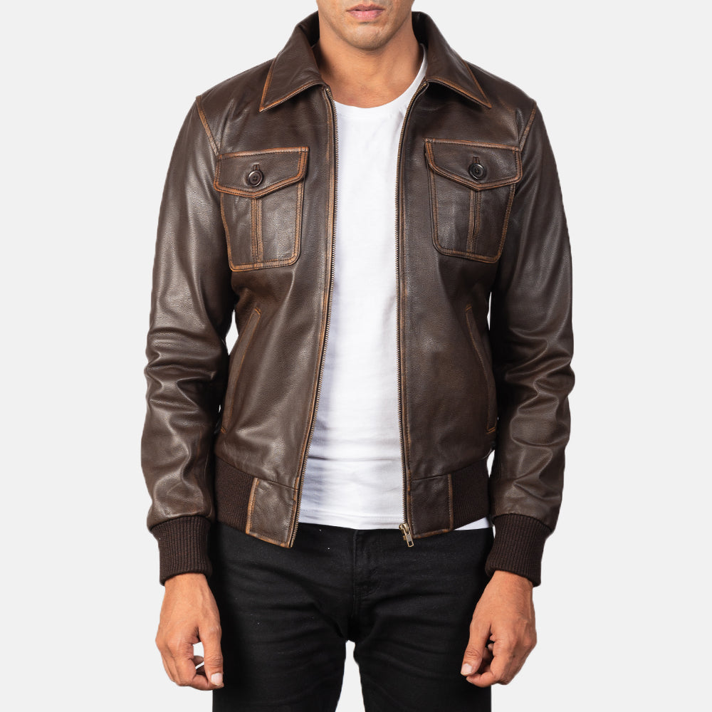 Men's Aaron Distressed Brown Leather Bomber Jacket in Brown Goatskin Leather - Vista frontale e linea su misura | Acquista online