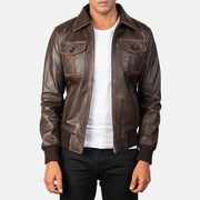 Men's Aaron Distressed Brown Leather Bomber Jacket in Brown Goatskin Leather - Vista frontale e linea su misura | Acquista online
