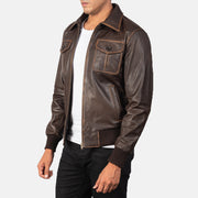 Brown Goatskin Leather Bomber Jacket - Vista posteriore Showing Tailored Shoulder Fit &amp; Clean Hemline