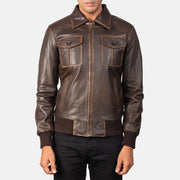 Men's Aaron Distressed Brown Leather Bomber Jacket - Lateral Side Profile View Showing Sleeve Cut &amp; Athletic Taper Fit