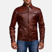 Men's Abstract Bordeaux Giacca in Pelle da Uomo in Distressed Brown Sheep Skin Burnishing - Vista frontale e linea su misura | Acquista online