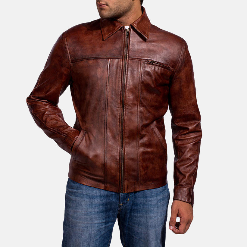 Distressed Brown Sheep Skin Burnishing Biker Jacket - Back View Showing Tailored Shoulder Fit & Clean Hemline