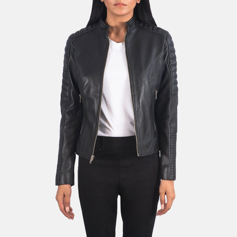 Women's Adalyn Trapuntato Nero Giacca Biker in Pelle da Donna in Black Sheepskin Leather - Vista frontale e linea su misura | Acquista online