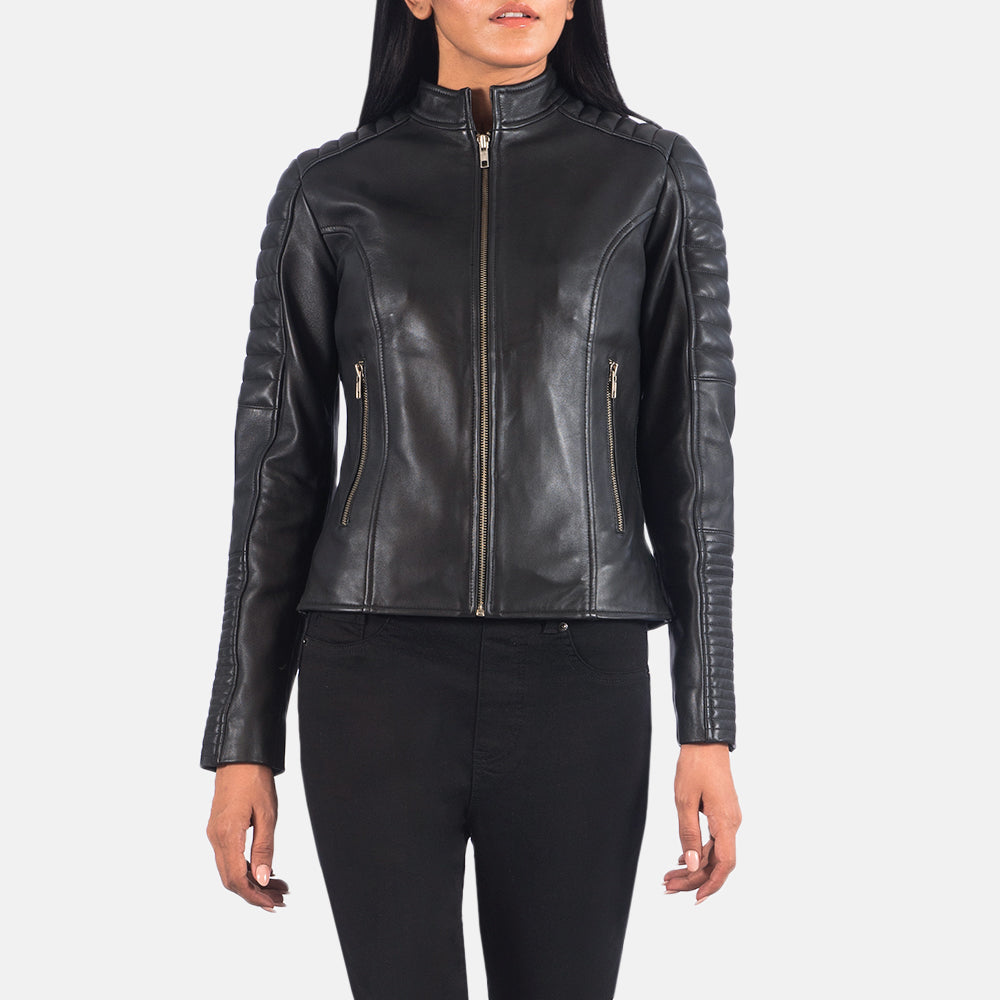 Black Sheepskin Leather Biker Jacket - Vista posteriore Showing Tailored Shoulder Fit &amp; Clean Hemline