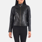 Black Sheepskin Leather Biker Jacket - Vista posteriore Showing Tailored Shoulder Fit &amp; Clean Hemline