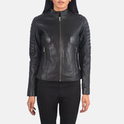 Dettaglio ravvicinato of Band &amp; Zipper Hardware on Women's Adalyn Trapuntato Nero Giacca Biker in Pelle da Donna