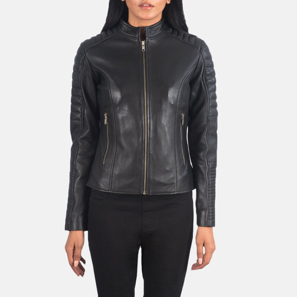 Close-Up Detail of Band & Zipper Hardware on Women's Adalyn Quilted Black Leather Biker Jacket