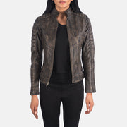 Women's Adalyn Trapuntato Effetto Usurato Marrone Giacca Biker in Pelle da Donna in Distressed Brown Goatskin Leather - Vista frontale e linea su misura | Acquista online