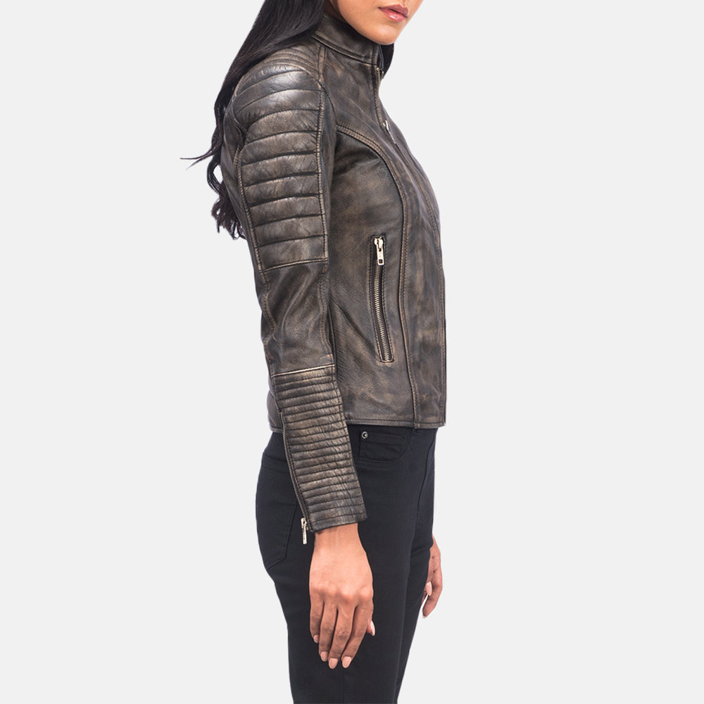 Distressed Brown Goatskin Leather Biker Jacket - Vista posteriore Showing Tailored Shoulder Fit &amp; Clean Hemline