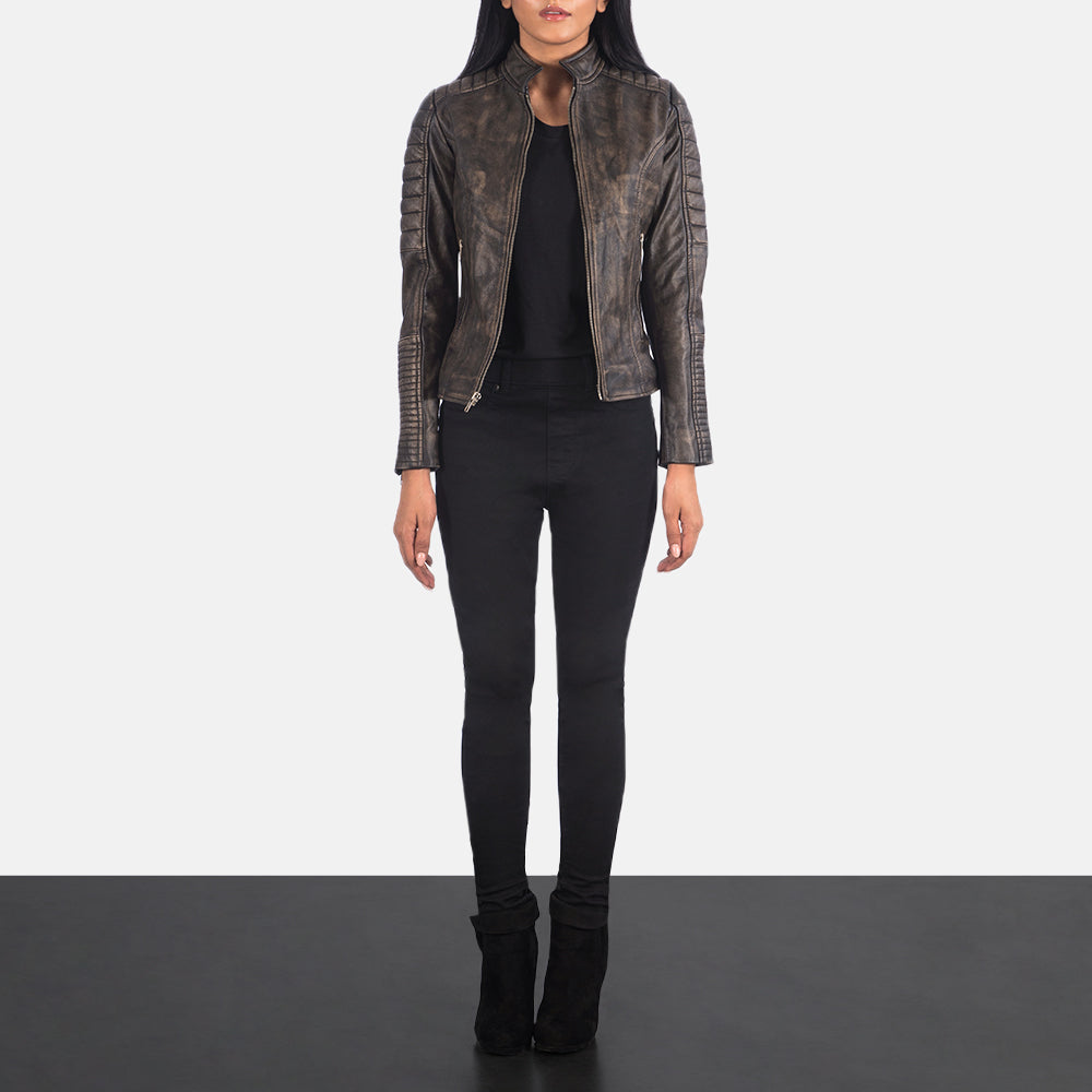 Women's Adalyn Trapuntato Effetto Usurato Marrone Giacca Biker in Pelle da Donna - Lateral Side Profile View Showing Sleeve Cut &amp; Athletic Taper Fit