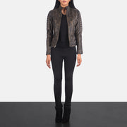 Women's Adalyn Trapuntato Effetto Usurato Marrone Giacca Biker in Pelle da Donna - Lateral Side Profile View Showing Sleeve Cut &amp; Athletic Taper Fit