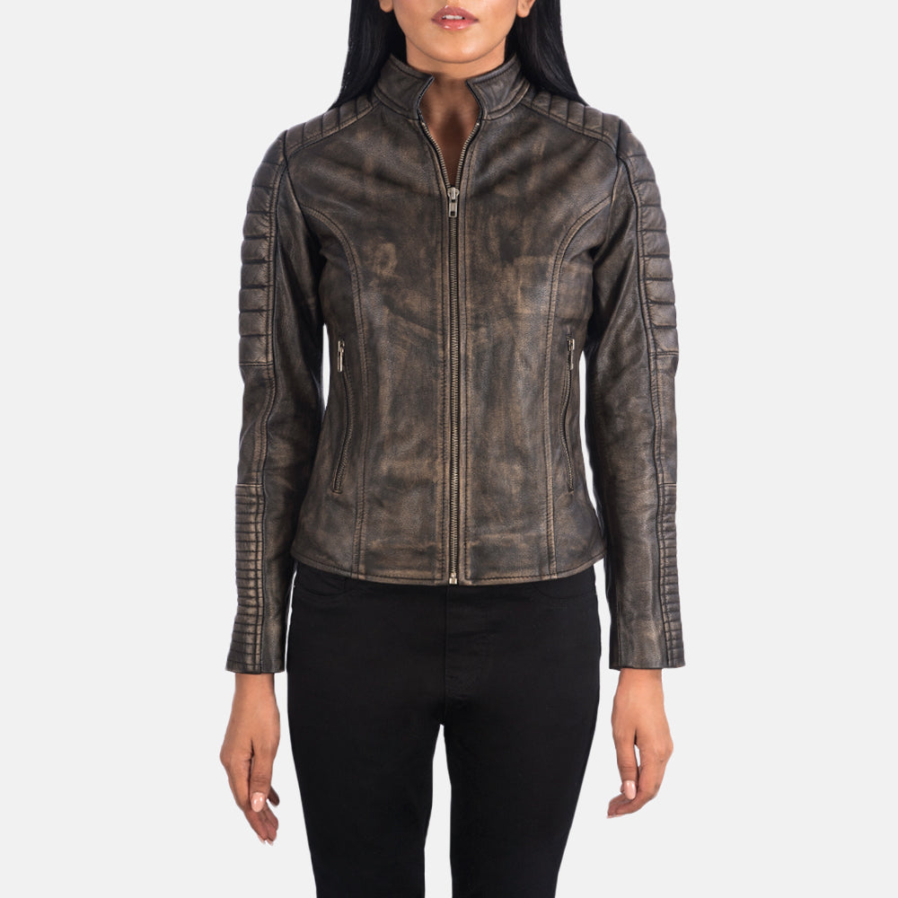 Dettaglio ravvicinato of Band &amp; Zipper Hardware on Women's Adalyn Trapuntato Effetto Usurato Marrone Giacca Biker in Pelle da Donna