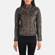 Dettaglio ravvicinato of Band &amp; Zipper Hardware on Women's Adalyn Trapuntato Effetto Usurato Marrone Giacca Biker in Pelle da Donna