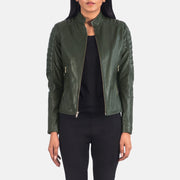 Women's Adalyn Trapuntato Verde Giacca Biker in Pelle da Donna in Green Sheepskin Leather - Vista frontale e linea su misura | Acquista online