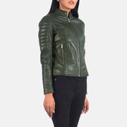 Green Sheepskin Leather Biker Jacket - Vista posteriore Showing Tailored Shoulder Fit &amp; Clean Hemline