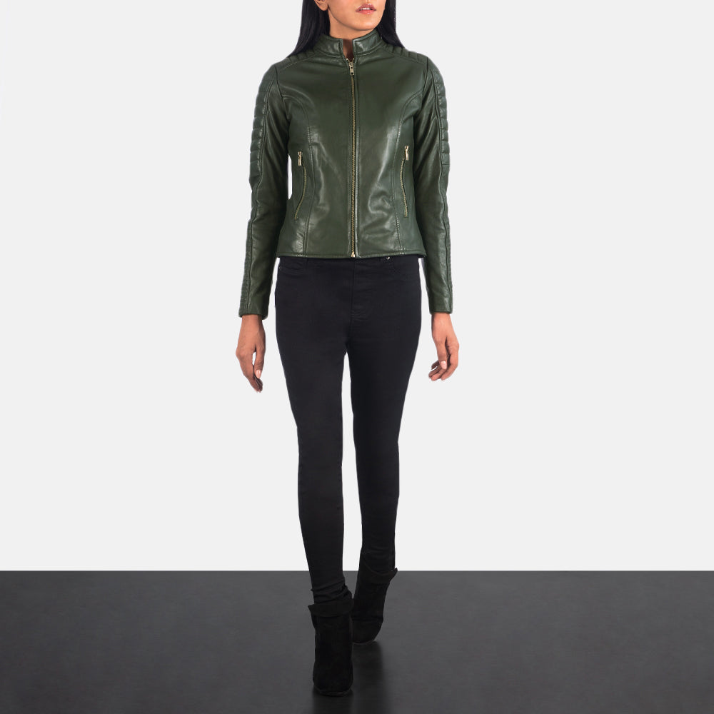 Women's Adalyn Trapuntato Verde Giacca Biker in Pelle da Donna - Lateral Side Profile View Showing Sleeve Cut &amp; Athletic Taper Fit