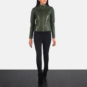 Women's Adalyn Trapuntato Verde Giacca Biker in Pelle da Donna - Lateral Side Profile View Showing Sleeve Cut &amp; Athletic Taper Fit
