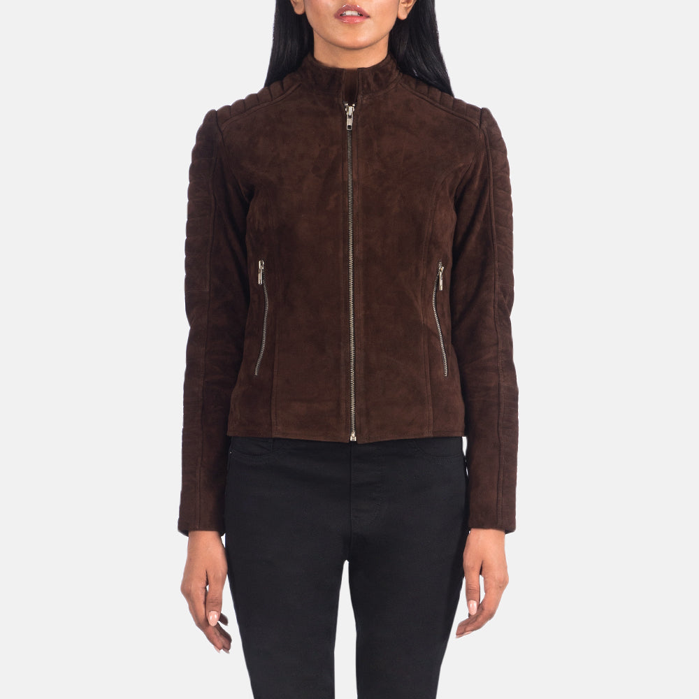 Women's Adalyn Trapuntato Mocha Suede Giacca Biker in Pelle da Donna in Mocha Brown Goatskin Suede - Vista frontale e linea su misura | Acquista online