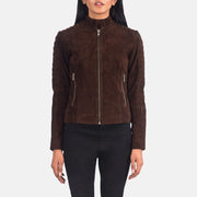 Women's Adalyn Trapuntato Mocha Suede Giacca Biker in Pelle da Donna in Mocha Brown Goatskin Suede - Vista frontale e linea su misura | Acquista online