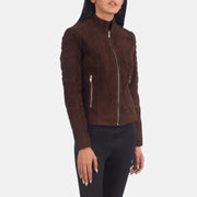Mocha Brown Goatskin Suede Biker Jacket - Vista posteriore Showing Tailored Shoulder Fit &amp; Clean Hemline