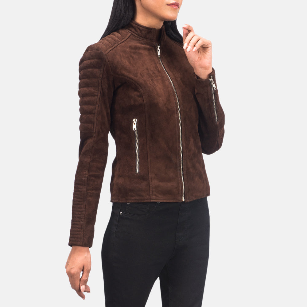 Women's Adalyn Trapuntato Mocha Suede Giacca Biker in Pelle da Donna - Lateral Side Profile View Showing Sleeve Cut &amp; Athletic Taper Fit