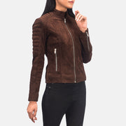 Women's Adalyn Trapuntato Mocha Suede Giacca Biker in Pelle da Donna - Lateral Side Profile View Showing Sleeve Cut &amp; Athletic Taper Fit