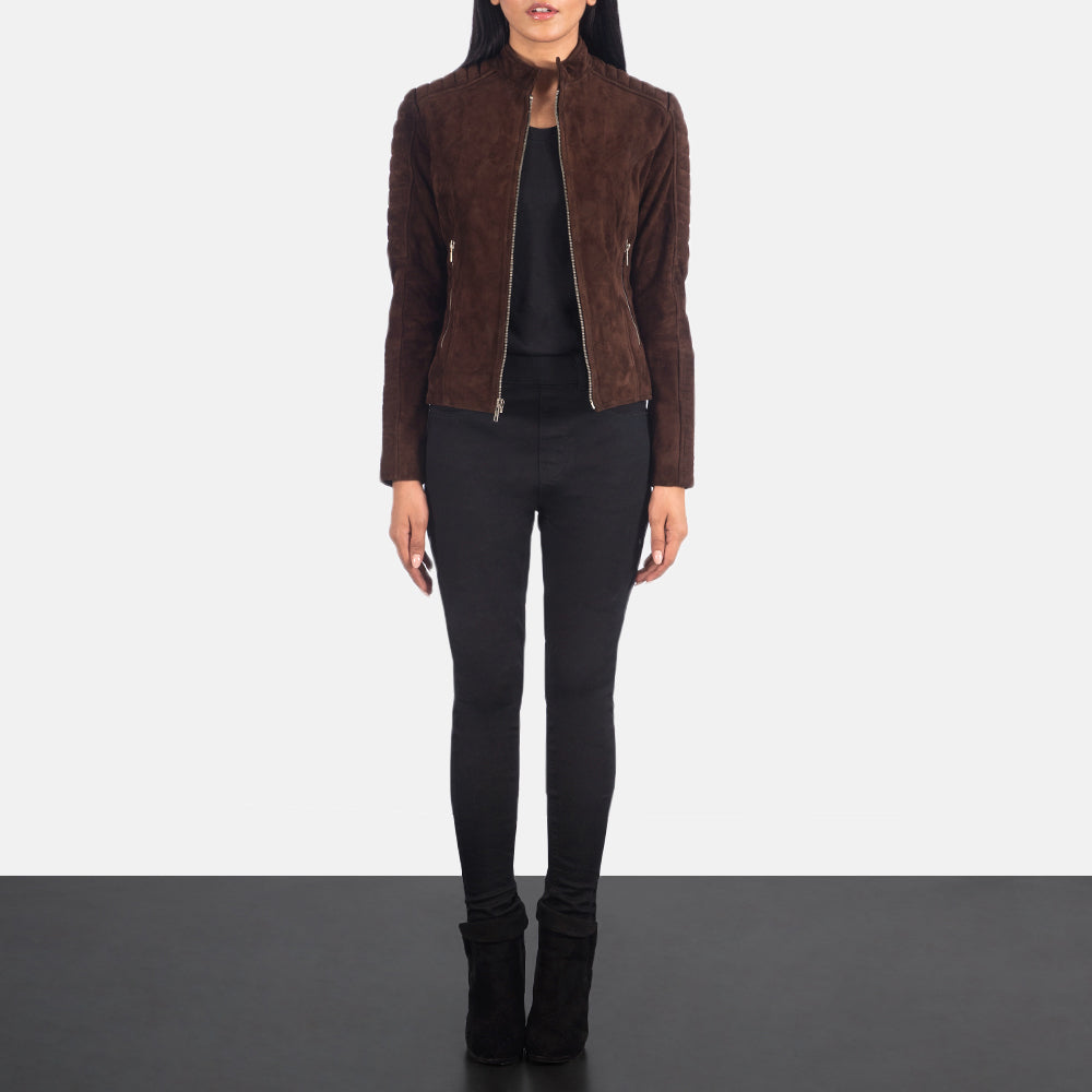 Dettaglio ravvicinato of Band &amp; Zipper Hardware on Women's Adalyn Trapuntato Mocha Suede Giacca Biker in Pelle da Donna