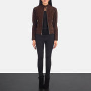 Dettaglio ravvicinato of Band &amp; Zipper Hardware on Women's Adalyn Trapuntato Mocha Suede Giacca Biker in Pelle da Donna