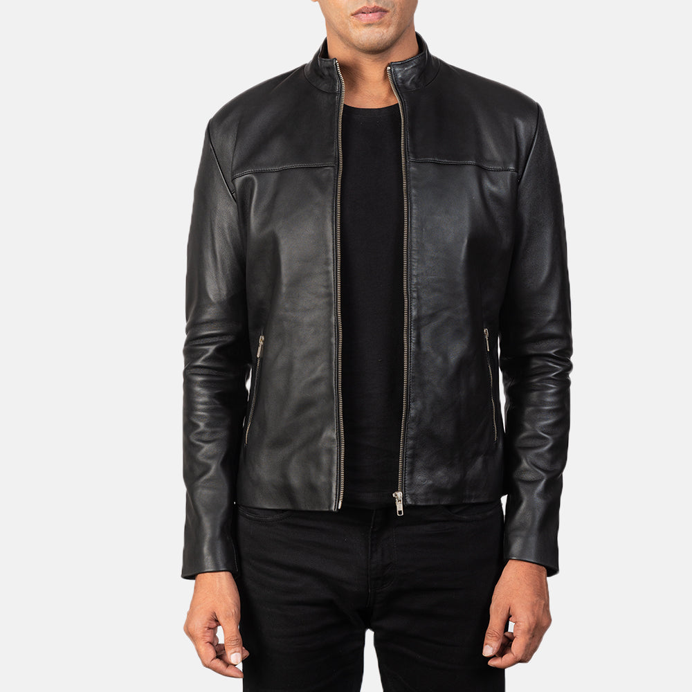 Men's Adornica Nero Giacca Biker in Pelle da Uomo in Black Sheepskin Leather - Vista frontale e linea su misura | Acquista online