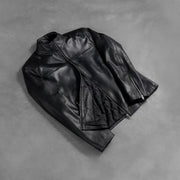 Styled Fit Perspective of Men's Adornica Nero Giacca Biker in Pelle da Uomo on Model - Natural Daylight Drape