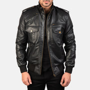 Men's Agent Shadow Nero Bomber in Pelle da Uomo in Black Sheepskin Leather - Vista frontale e linea su misura | Acquista online