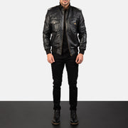 Men's Agent Shadow Nero Bomber in Pelle da Uomo - Lateral Side Profile View Showing Sleeve Cut &amp; Athletic Taper Fit