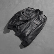 Styled Fit Perspective of Men's Agent Shadow Nero Bomber in Pelle da Uomo on Model - Natural Daylight Drape